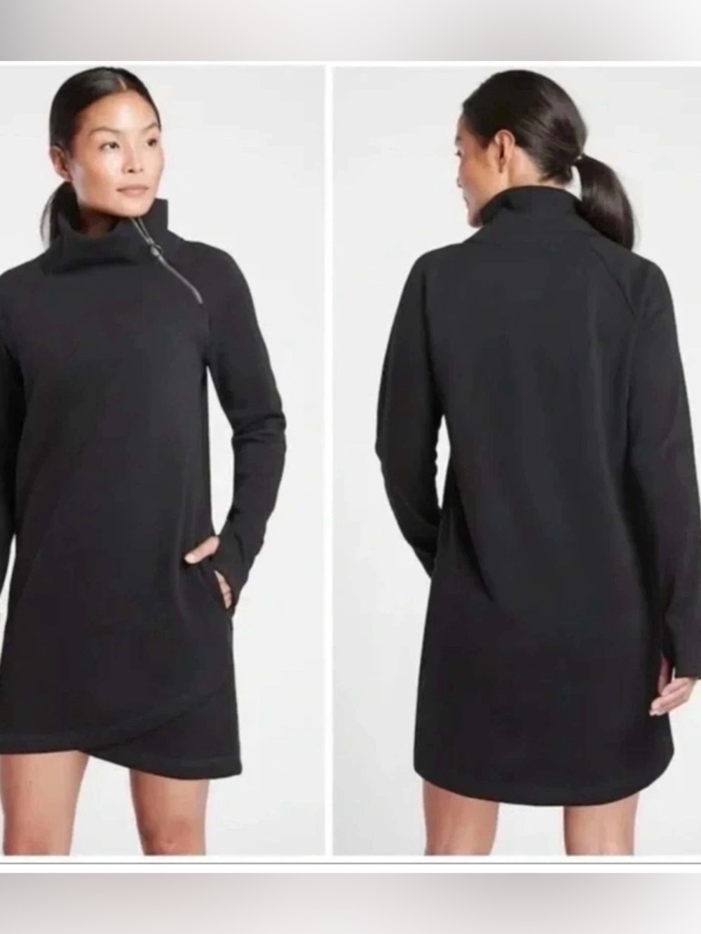 Athleta Cozy Karma Asym Sweatshirt Dress Black Fleece Lined Thumbholes Womens LT